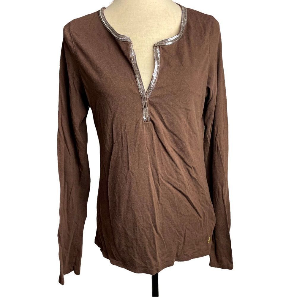 American Eagle Outfitters Solid Brown V Neck Long Sleeve Cotton Blend size XL